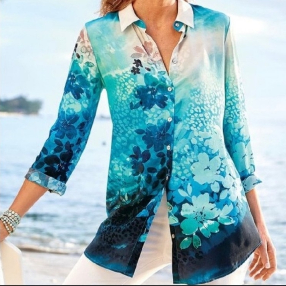 Soft Surroundings Silk Floral Jolene Blue Button Down Tunic Top Plus Size 1X